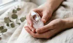 Hände halten einen facettierten Bergkristall, der Regenbogenfarben reflektiert. Die Bedeutung des Bergkristalls liegt in seiner Klarheit und Energie.