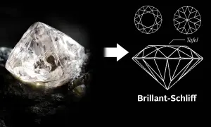Ein roher Diamant wird zum Brillantschliff verarbeitet. Was ist teurer: Brillanten oder Diamanten? Der Schliff macht den Unterschied.