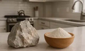 Ein Stein und eine Schüssel mit feinem Pulver auf einer Küchenarbeitsplatte. Der Stein zeigt die natürliche Form, das Pulver die vielfältige **Dolomit Verwendung**.