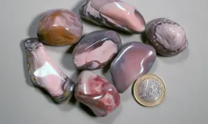 Glatt geschliffene Botswana Achat Steine in Rosa-, Grau- und Brauntönen, daneben eine 1-Euro-Münze.