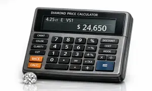 Ein Diamant liegt neben einem Taschenrechner, der den Diamant preis berechnen kann. Der Rechner zeigt 4,25 ct, E, VS1 und $24.650 an.