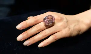 Ein großer, ovaler rosa Diamantring, der den teuersten Diamant der Welt Preis repräsentiert, wird an einer Hand getragen.