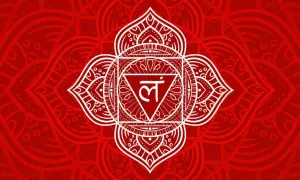 Rotes Mandala mit weißem Symbol. Die Farbe Rot hat eine tiefe spirituelle Bedeutung, sie steht für Kraft und Erdung.