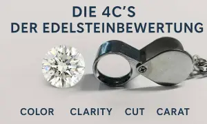 Ein glitzernder Diamant neben einer Lupe, die die 4C's der Edelsteinbewertung erklärt. Der Wert eines 40 Karat Diamanten hängt von diesen Faktoren ab.