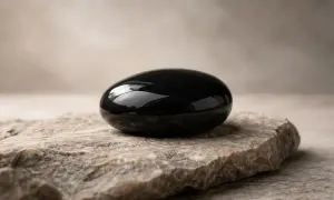 Glatter, schwarzer Obsidian-Stein auf grobem Fels. Seine tiefe Farbe symbolisiert Schutz und Transformation, die Obsidian Bedeutung.