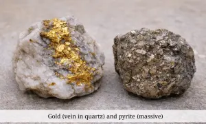 Zwei Gesteinsbrocken liegen nebeneinander. Einer zeigt glänzende Goldadern in weißem Quarz. Der andere ist ein dichter, metallisch schimmernder Pyrit, der oft als "Katzengold" bezeichnet wird, weil er so täuschend echt aussieht.