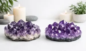 Zwei Amethyst-Geoden, die für ihre beruhigende und spirituelle Amethyst Bedeutung bekannt sind, stehen neben Kerzen und Pflanzen.