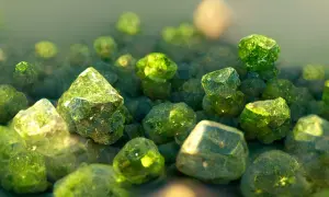 Nahaufnahme von vielen grünen Kristallen, die im Licht schimmern. Die Bedeutung eines grünen Steins liegt oft in seiner Verbindung zur Natur und Heilung.