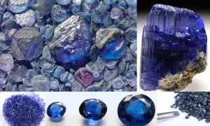 Verschiedene **Kristallarten** in tiefem Blau: rohe Steine, ein großer facettierter Kristall und geschliffene Edelsteine.