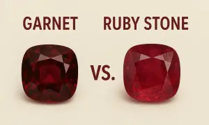 Ein tiefroter Granat Stein neben einem leuchtend roten Rubin. Der Granat Stein wirkt dunkler und geheimnisvoller.