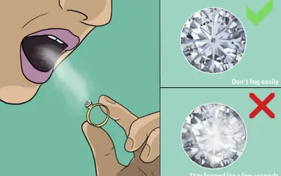 So wie erkennt man Diamanten als Laie: Ein echter Diamant beschlägt nicht lange. Ein gefälschter bleibt länger beschlagen.