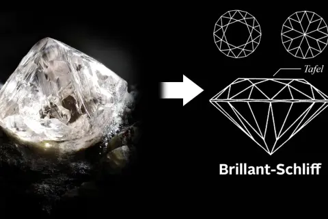 Ein roher Diamant wird zum Brillantschliff verarbeitet. Was ist teurer: Brillanten oder Diamanten? Der Schliff macht den Unterschied.