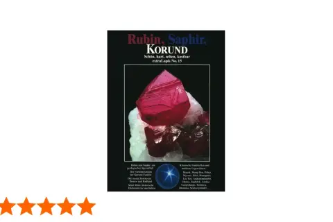 Ein leuchtend roter Korund Edelstein, der auf einem Haufen weißer Kristalle ruht. Der Titel "Rubin, Saphir, KORUND" ist prominent platziert.