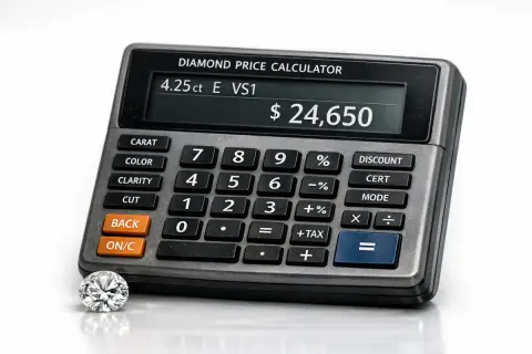 Ein Diamant liegt neben einem Taschenrechner, der den Diamant preis berechnen kann. Der Rechner zeigt 4,25 ct, E, VS1 und $24.650 an.