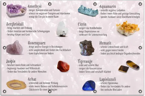 Vielfalt an Edelstein Arten: Amethyst, Bergkristall, Rosenquarz, Jaspis, Achat, Citrin, Aquamarin, Hematit, Tigerauge, Lapislazuli.