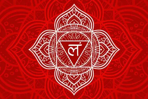 Rotes Mandala mit weißem Symbol. Die Farbe Rot hat eine tiefe spirituelle Bedeutung, sie steht für Kraft und Erdung.