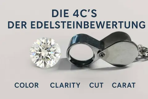 Ein glitzernder Diamant neben einer Lupe, die die 4C's der Edelsteinbewertung erklärt. Der Wert eines 40 Karat Diamanten hängt von diesen Faktoren ab.