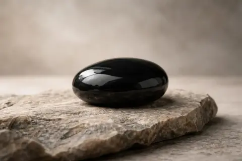 Glatter, schwarzer Obsidian-Stein auf grobem Fels. Seine tiefe Farbe symbolisiert Schutz und Transformation, die Obsidian Bedeutung.