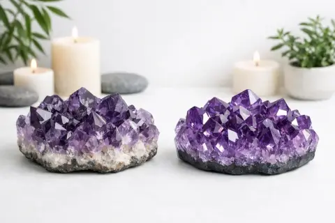 Zwei Amethyst-Geoden, die für ihre beruhigende und spirituelle Amethyst Bedeutung bekannt sind, stehen neben Kerzen und Pflanzen.