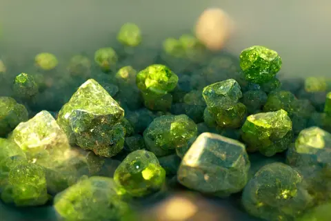 Nahaufnahme von vielen grünen Kristallen, die im Licht schimmern. Die Bedeutung eines grünen Steins liegt oft in seiner Verbindung zur Natur und Heilung.