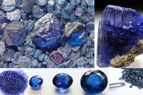 Verschiedene **Kristallarten** in tiefem Blau: rohe Steine, ein großer facettierter Kristall und geschliffene Edelsteine.