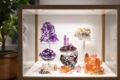 Eine Vitrine mit verschiedenen Kristallen, darunter Amethyst und ein faszinierender turmalin rohstein.