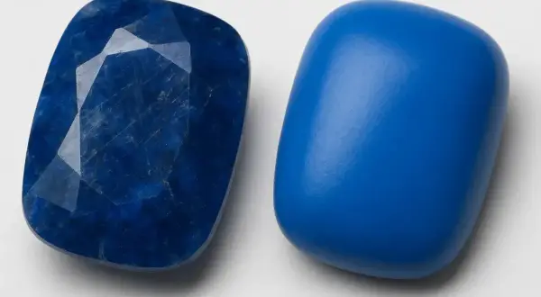 Zwei blaue Steine nebeneinander. Einer ist facettiert und tiefblau, der andere glatt und leuchtend. Ihre Bedeutung liegt in ihrer Schönheit und Vielfalt.