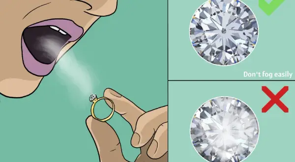So wie erkennt man Diamanten als Laie: Ein echter Diamant beschlägt nicht lange. Ein gefälschter bleibt länger beschlagen.