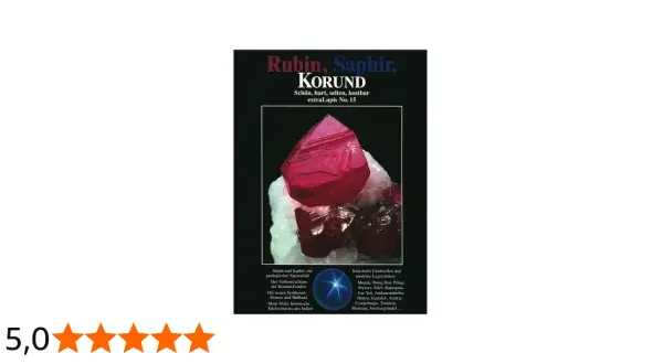 Ein leuchtend roter Korund Edelstein, der auf einem Haufen weißer Kristalle ruht. Der Titel "Rubin, Saphir, KORUND" ist prominent platziert.