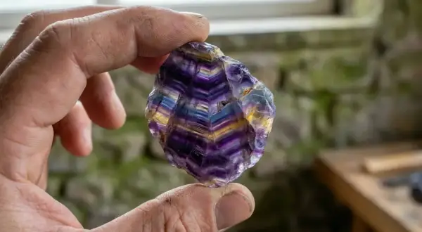 Ein Mann hält einen schillernden Blue John Stein, dessen violette und gelbe Streifen wie ein Regenbogen leuchten.