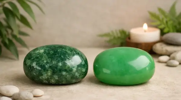 Zwei grüne Steine, die zeigen, was ist Jade. Einer ist gemustert, der andere glatt. Kerze und Pflanzen im Hintergrund.