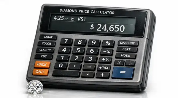 Ein Diamant liegt neben einem Taschenrechner, der den Diamant preis berechnen kann. Der Rechner zeigt 4,25 ct, E, VS1 und $24.650 an.
