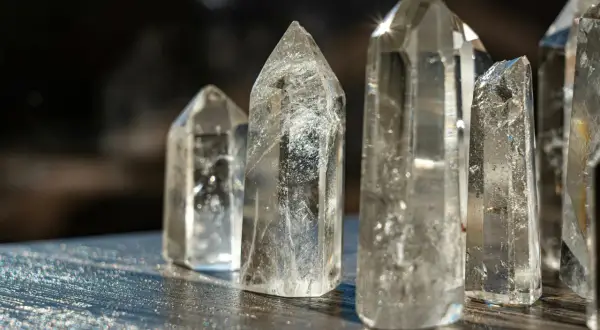 Klare Quarzkristalle, die als heilstein schlaf dienen, stehen auf einer dunklen Oberfläche.