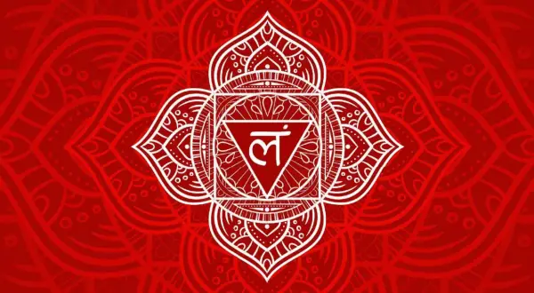 Rotes Mandala mit weißem Symbol. Die Farbe Rot hat eine tiefe spirituelle Bedeutung, sie steht für Kraft und Erdung.