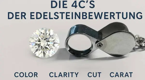 Ein glitzernder Diamant neben einer Lupe, die die 4C's der Edelsteinbewertung erklärt. Der Wert eines 40 Karat Diamanten hängt von diesen Faktoren ab.