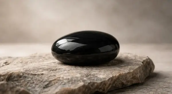 Glatter, schwarzer Obsidian-Stein auf grobem Fels. Seine tiefe Farbe symbolisiert Schutz und Transformation, die Obsidian Bedeutung.