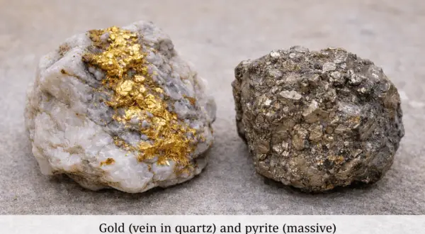 Zwei Gesteinsbrocken liegen nebeneinander. Einer zeigt glänzende Goldadern in weißem Quarz. Der andere ist ein dichter, metallisch schimmernder Pyrit, der oft als "Katzengold" bezeichnet wird, weil er so täuschend echt aussieht.