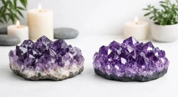 Zwei Amethyst-Geoden, die für ihre beruhigende und spirituelle Amethyst Bedeutung bekannt sind, stehen neben Kerzen und Pflanzen.