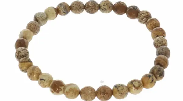 Armband aus braunen und beigen Jaspis-Steinen, die wie ein Muster aussehen.