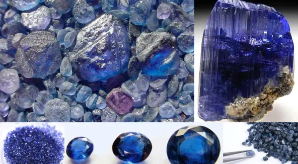 Verschiedene **Kristallarten** in tiefem Blau: rohe Steine, ein großer facettierter Kristall und geschliffene Edelsteine.