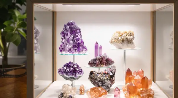 Eine Vitrine mit verschiedenen Kristallen, darunter Amethyst und ein faszinierender turmalin rohstein.