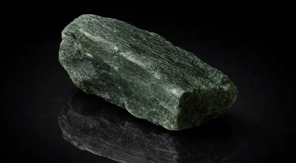 Ein grüner Aktinolith-Stein mit faseriger Struktur, dessen Wirkung auf seine einzigartige Beschaffenheit zurückzuführen ist.