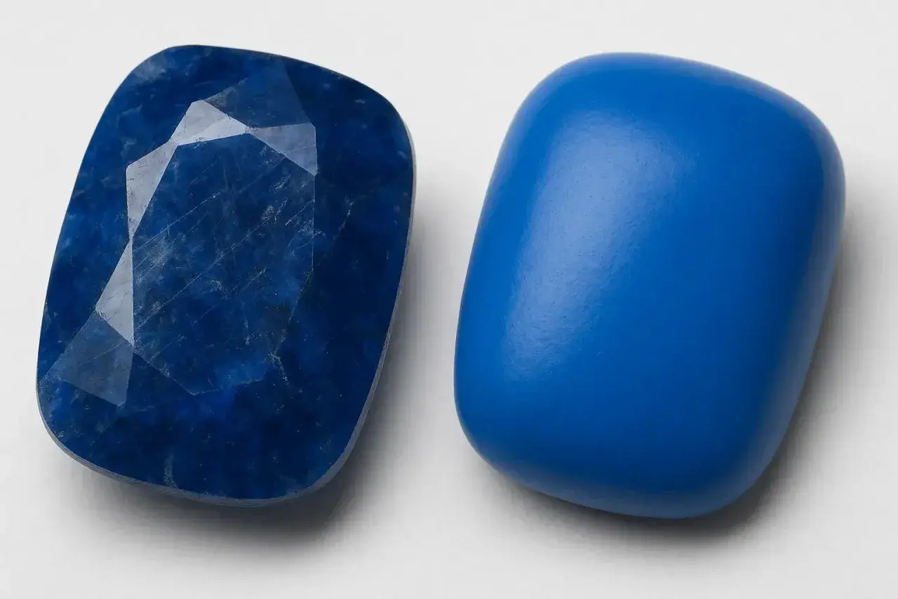 Zwei blaue Steine nebeneinander. Einer ist facettiert und tiefblau, der andere glatt und leuchtend. Ihre Bedeutung liegt in ihrer Schönheit und Vielfalt.