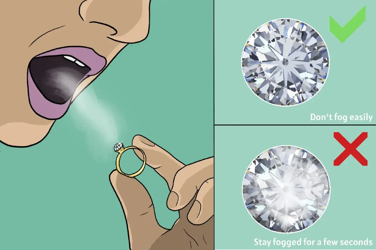 So wie erkennt man Diamanten als Laie: Ein echter Diamant beschlägt nicht lange. Ein gefälschter bleibt länger beschlagen.