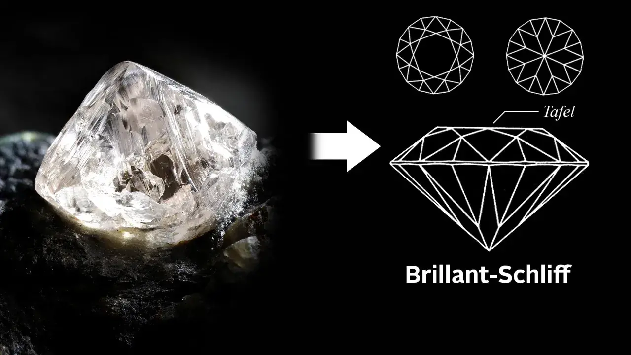 Ein roher Diamant wird zum Brillantschliff verarbeitet. Was ist teurer: Brillanten oder Diamanten? Der Schliff macht den Unterschied.