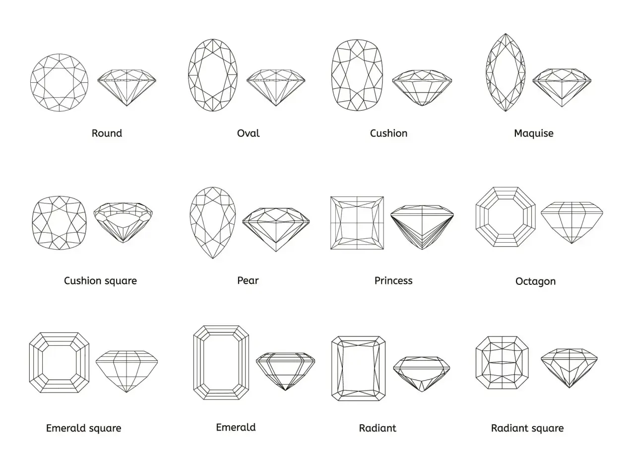 Übersicht verschiedener Diamanten Arten: Round, Oval, Cushion, Maquise, Pear, Princess, Octagon, Emerald, Radiant.