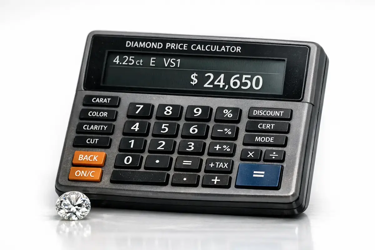Ein Diamant liegt neben einem Taschenrechner, der den Diamant preis berechnen kann. Der Rechner zeigt 4,25 ct, E, VS1 und $24.650 an.