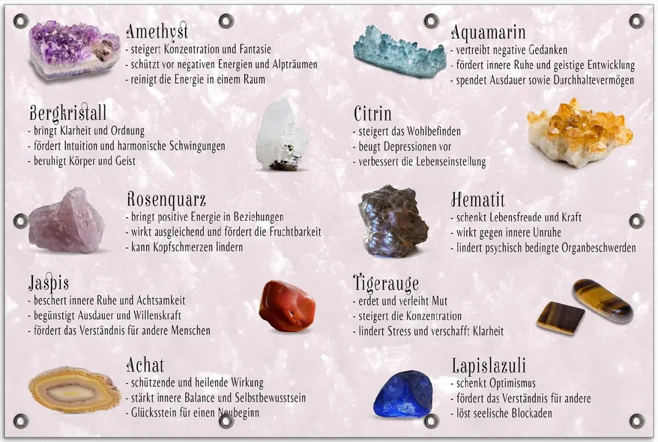 Vielfalt an Edelstein Arten: Amethyst, Bergkristall, Rosenquarz, Jaspis, Achat, Citrin, Aquamarin, Hematit, Tigerauge, Lapislazuli.