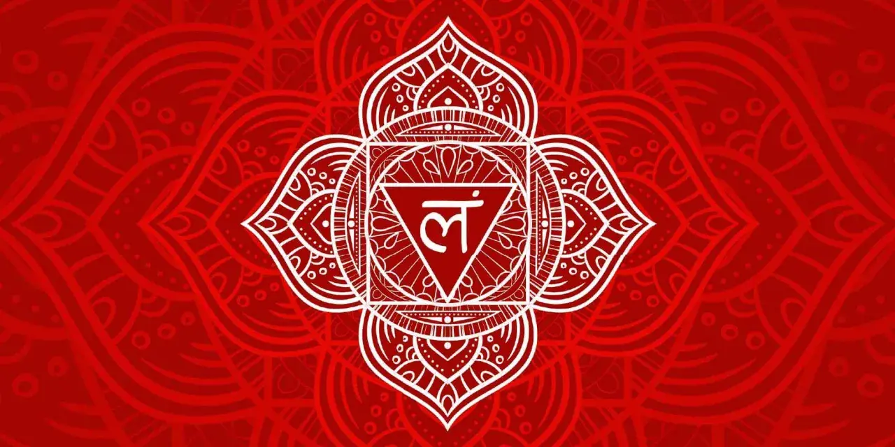 Rotes Mandala mit weißem Symbol. Die Farbe Rot hat eine tiefe spirituelle Bedeutung, sie steht für Kraft und Erdung.
