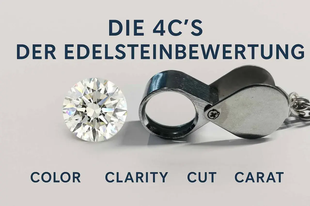 Ein glitzernder Diamant neben einer Lupe, die die 4C's der Edelsteinbewertung erklärt. Der Wert eines 40 Karat Diamanten hängt von diesen Faktoren ab.